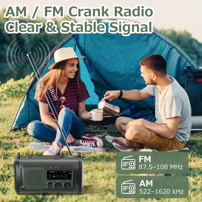 Радіо на сонячній батареї та ручному заводі Kurbelradio 27000mAh з SOS, Bluetooth, Powerbank, ліхтариком для кемпінгу та екстрених ситуацій (Зелений)