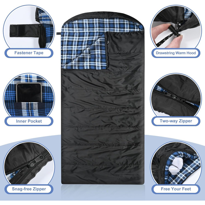 Спальний мішок Baumwoll-Flanell для дорослих: легкий, водонепроникний, 100% бавовна. Ідеально для кемпінгу, подорожей та відпочинку на природі (чорний / синій)
