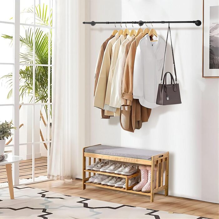 Yawinhe Industrial Pipe Clothes Rails, 180cm Clothes Rack for Wall, Space-Saving Wall Shelf Kitchen Shelf with 3 Bases, for Business, Black, 1-Pack, YMG004