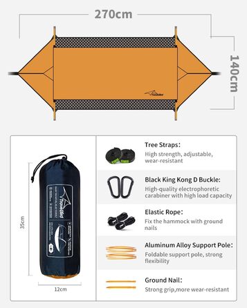 Гамак для кемпінгу 4-в-1 з москітною сіткою та знімним сонцезахистом, 290x140 см, для відпочинку на природі, пікніків, походов та подорожей. Армійний зелений та помаранчевий кольори.