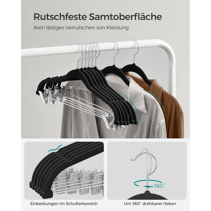 SONGMICS Velvet Clothes Hangers, 20-Piece Set, Skirt Hanger, 42.5 cm wide, with adjustable clips, non-slip, space-saving, for trousers, coats, dresses, black CRF012B20