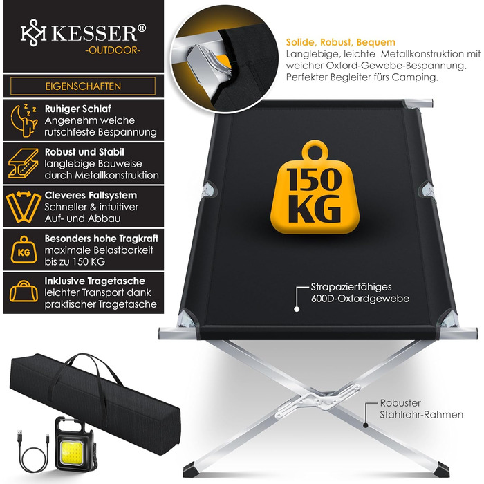 Кемпінгове ліжко KESSER® розкладне з сумкою, ліхтарем та бічною кишенею. Стабільне, металеве, 150 кг, 600D Oxford, 190/210 см, чорне