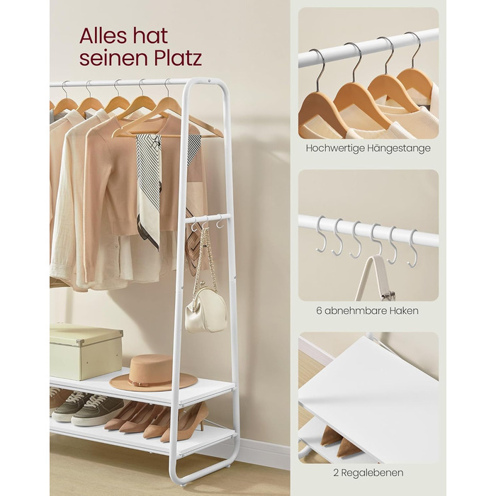 VASAGLE Clothes Rack, Coat Stand, Wardrobe, 2 Shelves, 6 S-Shaped Hooks, Steel Frame, for Bedroom, Hallway, Entrance Area, Cloud White-Matt White RGR112W02