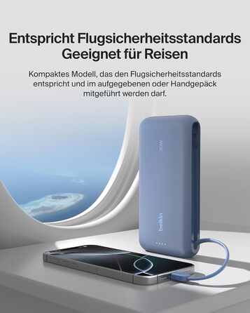 Зовнішній акумулятор Belkin BoostCharge 20K PD 30W з вбудованим кабелем USB-C, Power Bank для iPhone 16, iPad Pro, Samsung Galaxy S25, синій