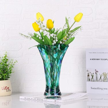 Скляна ваза для квітів, ручної роботи, зелена, для дому та декору, 22.9 см, відтінок блакитно-зелений 