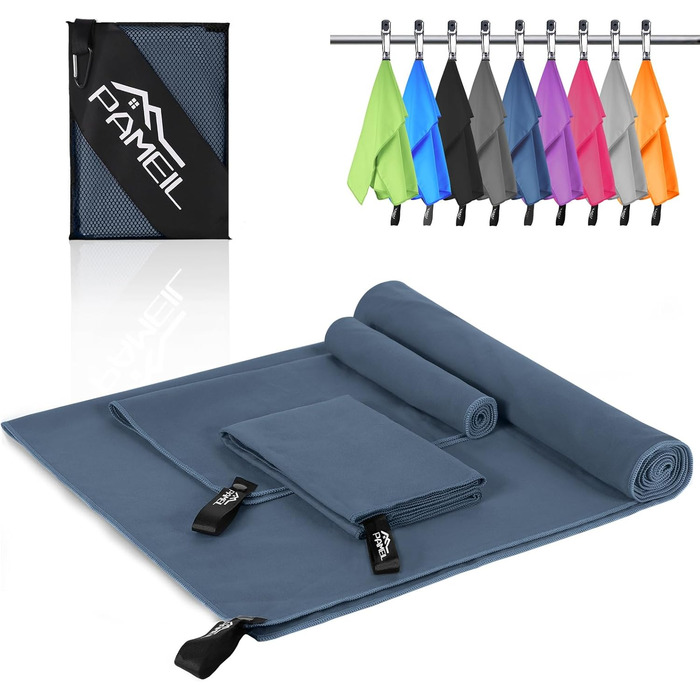 Набір рушників з мікрофібри Pameil (3 шт.): великий (160x80 см) + 2 маленькі (80x40 см), швидковисихаючі, для подорожей, фітнесу, сауни, блакитні