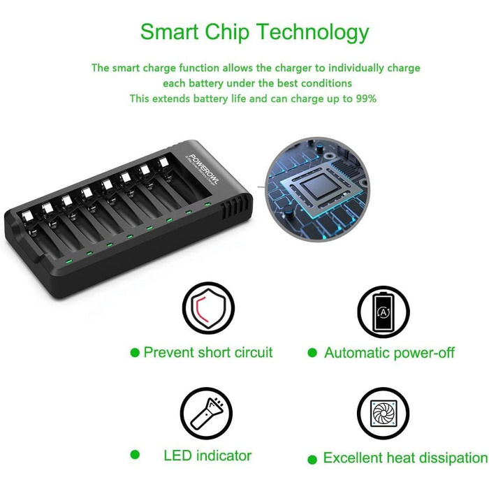 Зарядний пристрій Powerowl для акумуляторів AAA/AA з 8 слотами, 8 шт. акумуляторів AAA 1000mAh, Micro-USB, універсальний заряд для NI-MH/NI-CD акумуляторів