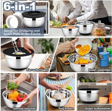 HaWare Mixing Bowl Set of 6, Stainless Steel Bowl Salad Bowl Set with Airtight Lid & 3 Grater Attachments, 4.6L/2.8L/2.5L/1.6L/1.2L/0.7L, Non-Slip Silicone Bottom & Dishwasher Safe, Black