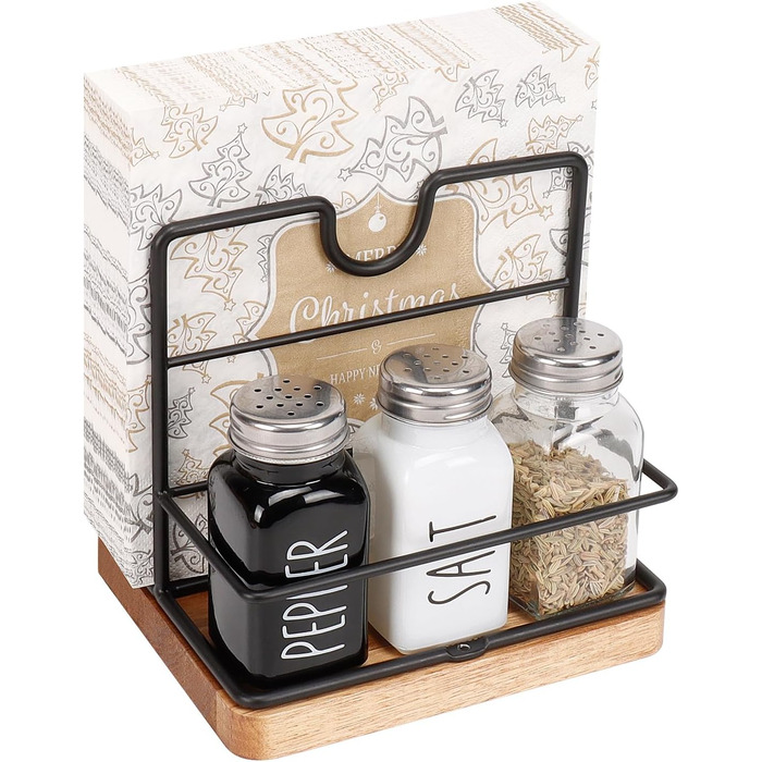 Livabber Napkin Holder, Metal Napkin Storage with Salt and Pepper Shakers, Caddy, Modern Napkin Dispenser for Table, Kitchen, Countertop, Salt and Pepper Shakers (Midwood, Black)