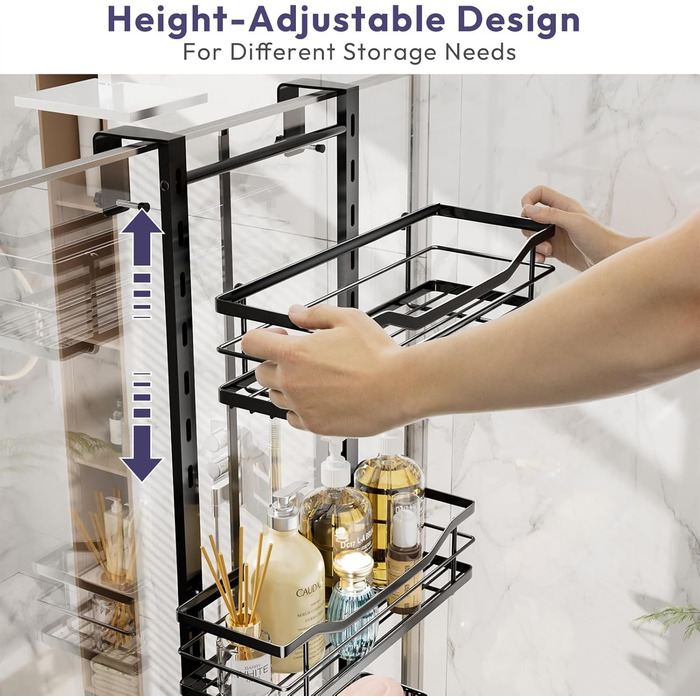 SWTYMIKI Adjustable Hanging Shower Shelf - No Drilling Shower Shelf for Glass Door, Stainless Steel Shower Shelf with Hooks and Soap Holder, Shampoo Holder for Shower, Black