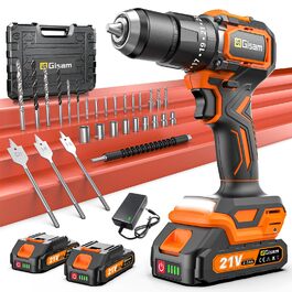 Акумуляторний шурупокрут/дрель 21V з набором 2 акумуляторів, 1200W двигун Brushless, 75Nm, 25+3 рівня крутного моменту, патрон 13мм, 2 швидкості, LED, 29-ти елементний набір для дому, саду та DIY-проектів помаранчевого кольору