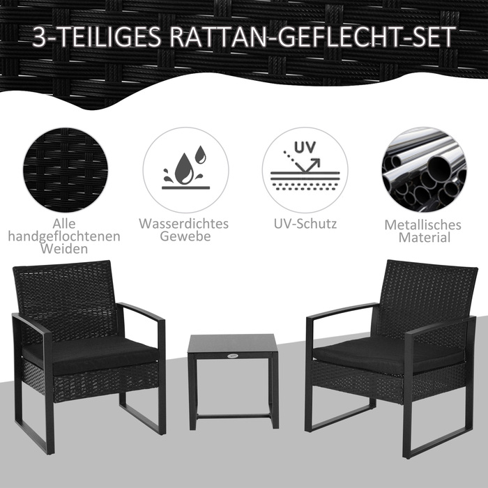 Набір садових меблів Outsunny з ротангу Polyrattan на 2 особи, меблі для балкона з подушками, чорного кольору, стійкі до погодних умов та сучасного дизайну для тераси та саду