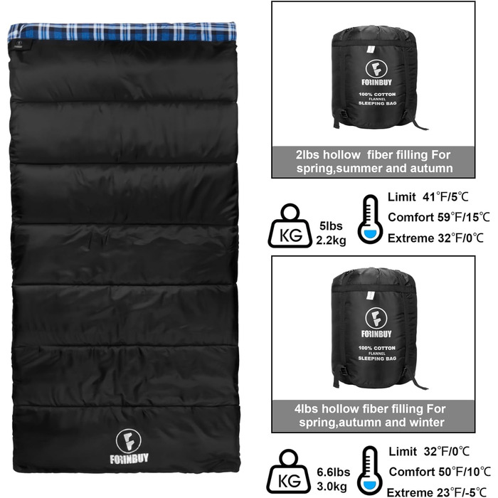 Спальний мішок фланелевий теплий 3-4 сезони XXL з бавовняним підкладкою для дорослих Outdoor для риболовлі, кемпінгу, походів, легкий для дому та вулиці, блакитний, 2lbs наповнювач