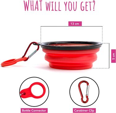 Складаний миска для собак TDL, 350 мл, червоний. Зручна для подорожей, з карабіном та тримачем для пляшки. Підходить для собак та котів.