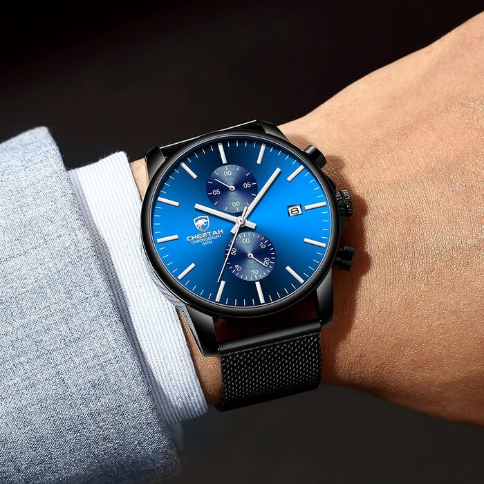 Годинник чоловічий GOLDEN HOUR: стильний хронограф з міцної нержавіючої сталі, водонепроникний, чорний/блакитний циферблат