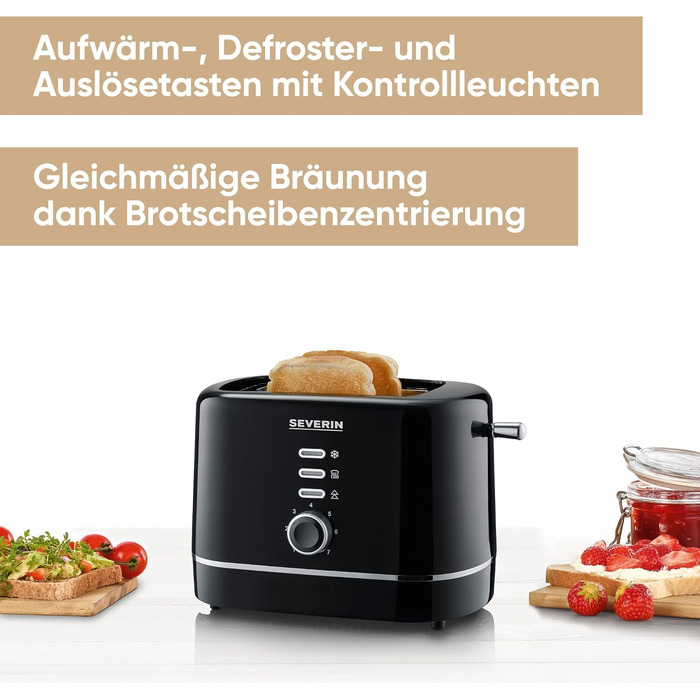 Тостер Severin AT 4321: компактний, 850 Вт, для тостів, розморожування та підігріву, чорний
