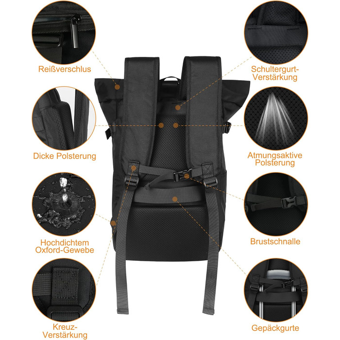 Roll-Top Backpack Waterproof, 27L Large Backpack Men Women, School Backpack with 17.3 Inch Laptop Compartment, Travel Backpack Hiking Backpack for Business Work College Travel Leisure (Black)