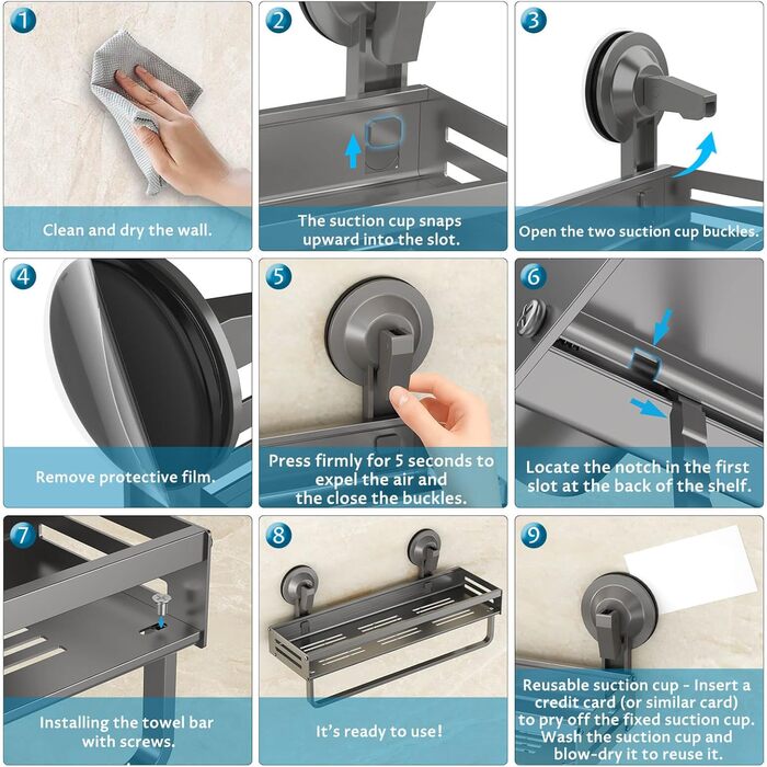 Поличка для душу Onemake з присосками, регульована, з гачками, органайзер для ванної кімнати з тримачем для рушників, матовий чорний (40 см, 1 шт.)