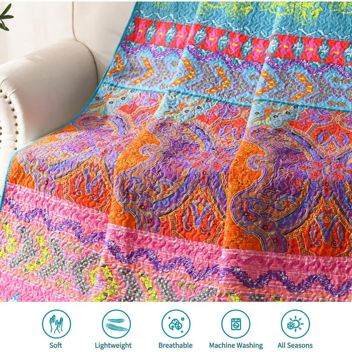Qucover Daybed Cover 150 x 200 cm Colorful Quilted Microfiber Throw Blanket Bedspread for Single Bed Sofa Cover Boho Indian Exotic Boho-3 150X200cm