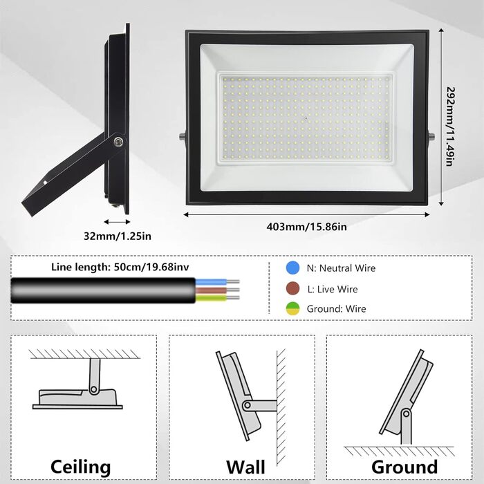 300W LED Floodlight Outdoor, IP65 Waterproof Outdoor Floodlight LED Spot 30000LM Spotlight Floodlight, Outdoor Floodlight for Backyard, Garden, Workshop, Yard, Driveway, Doors, Garage, Hallway