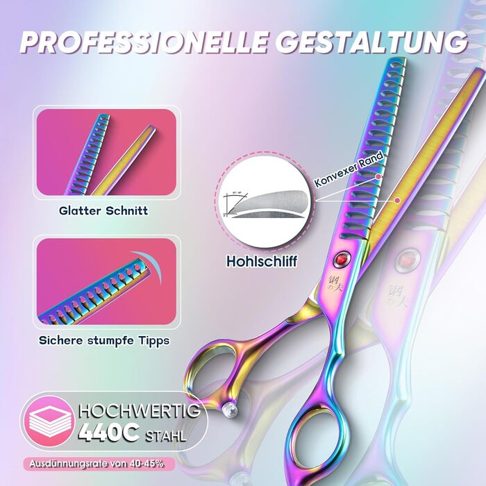 Професійна ножиця Chunker для грумінгу собак середніх та великих порід, з японської сталі 440C, кольорова (Rainbow)
