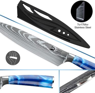 Набір кухонних ножів Dfito, 8 предметів, професійний, з роллю, з високоякісної нержавіючої сталі, синій руків'я