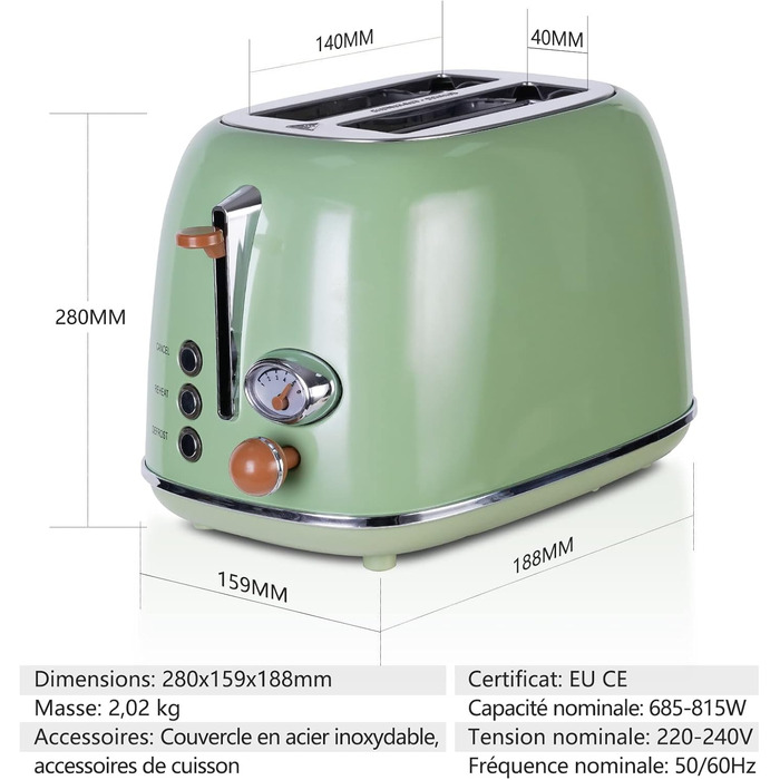 Wiltal Retro 2-Slice Toaster with 6 Adjustable Browning Levels, Stainless Steel with high-quality bread roll attachment. Warming, defrosting, and cancel function, countdown display, quick-toast technology (green)