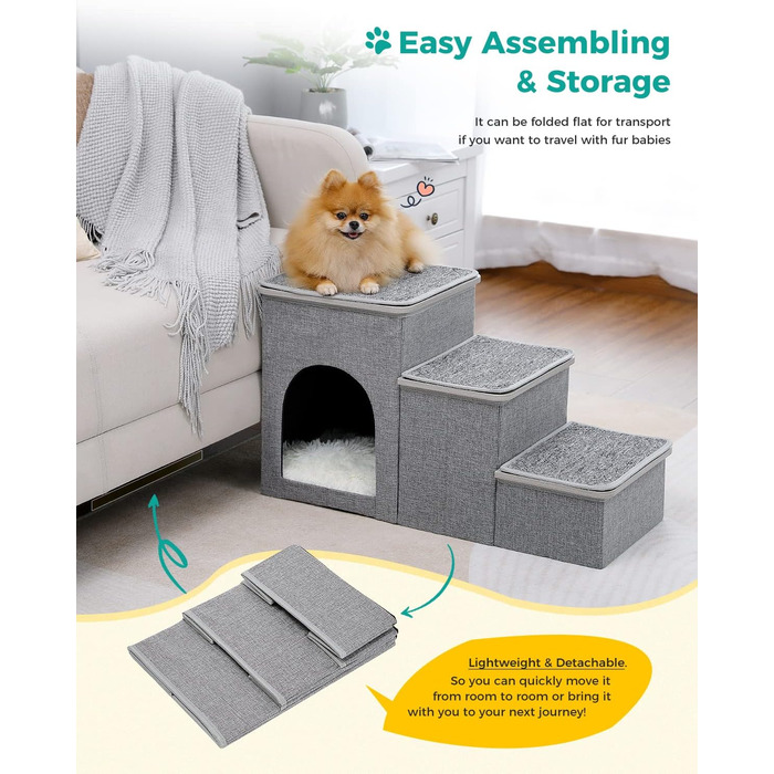 PETEPELA Folding Dog Stairs, 3 Steps, Pet Stairs for Small Dogs with Storage Space, 3 Steps to Couch