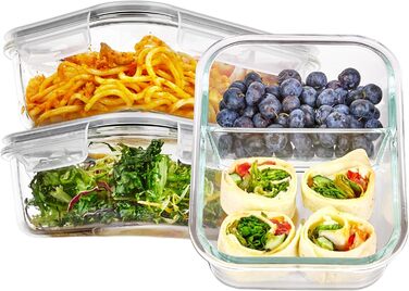 Набір контейнерів для їжі Vtopmart (15 шт.) з кришкою, скляні, для мікрохвильової печі, морозильника та посудомийної машини, з роздільниками (3 шт. з роздільниками)