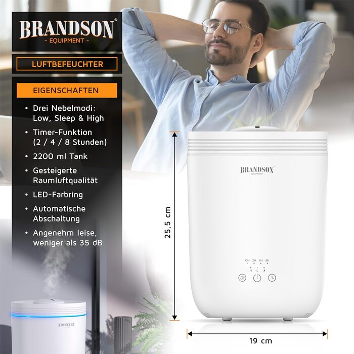 Зволожувач повітря Brandson з пультом керування, 2.2 л, LED-підсвітка, таймер, тиха робота, LED-індикатори, для вітальні, дитячої кімнати, спальні