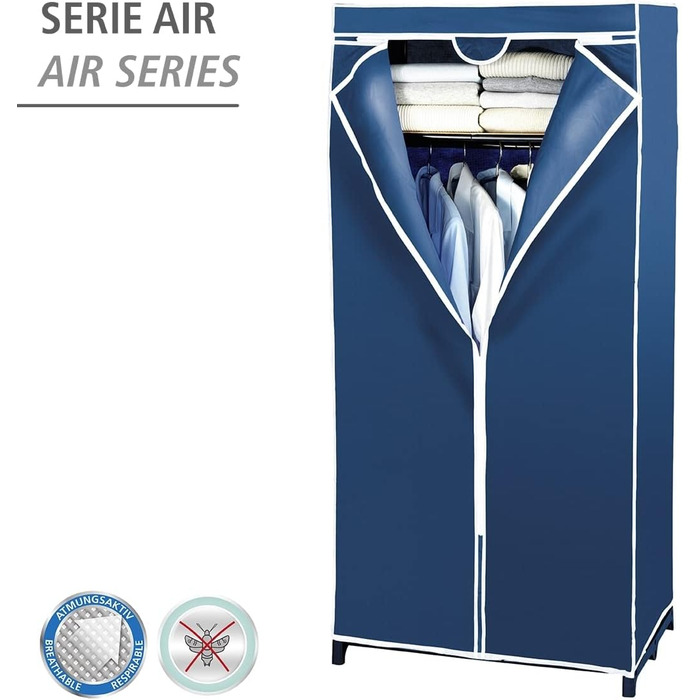 WENKO Air Wardrobe, practical fabric wardrobe for dust-free storage of textiles, stable metal frame, easy assembly, breathable non-woven material, 75 x 150 x 50 cm, Navy (with shelf)