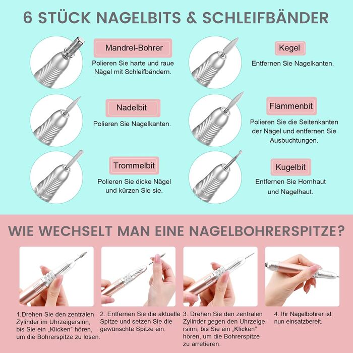 Електричний набір для манікюру та педикюру Delanie Nagelfräser 35000 U/Min 6 в 1 (рожеве золото, акумуляторний)