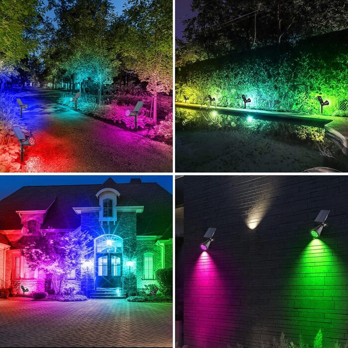 T-SUN LED Solar Spotlights, 2 Pack 4 LED Solar Garden Lights, Bright Garden Lights, 2 Lighting Modes, Safety Lighting, Large Outdoor Light for Lawn, Paths, Terrace (Cool White 6000K) (7led-rgb, 1 Piece)