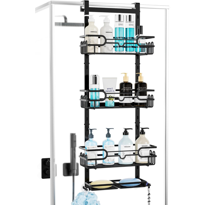 HapiRm Shower Shelf - Hanging Shower Rack Adjustable with 4 Shower Baskets, Shower Shelf No Drilling with Soap Dish and Hooks, Shower Shelf Over the Door Glass Wall & Bathroom Door, Black