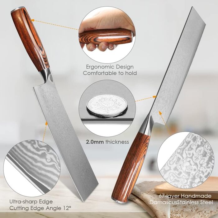 Ніж кухарський Дамаск Шарф: професійний ніж для м'яса з дамаської сталі, ручна робота, з антиковзним дерев'яним руків'ям, у подарунковій коробці