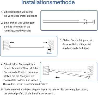 Тeleskopна штанга для душу з нержавіючої сталі 35-60 см, без свердління, для штори