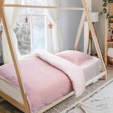 Бетлівка для дитячого ліжечка Lulumoon з мусліну 100x135 см: комплект простирадла 100x135 см + наволочка 40x60 см з бавовни Oeko-TEX Standard – легка та комфортна постільна білизна для малюків та дітей, муслін, рожева 100x135 см + 40x60 см