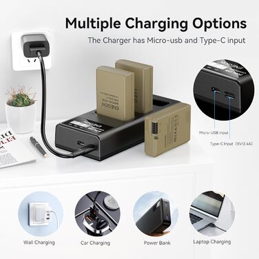 Запасний акумулятор ENEGON EN-EL14/EL14a (2 шт.) та смарт-LED зарядний пристрій Dual USB для Nikon DSLR D3100, D3200, D3300, D3400, D3500, D5100, D5200, D5300, D5500, D5600, DF, Coolpix P7000, P7100, P7700, P7800 (2 акумулятори + зарядний пристрій)