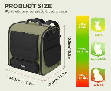 Pecute Рюкзак-переноска для котів та маленьких собак, темно-зелений. Зручний, вентильований, для подорожей, хайкінгу та кемпінгу