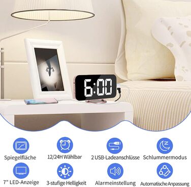 Цифровий годинник-дзеркало SZELAM з LED-дисплеєм 7 дюймів, 2 USB-порти для зарядки, функція відкладання, автоматичне регулювання яскравості, годинник для дому (рожеве золото)