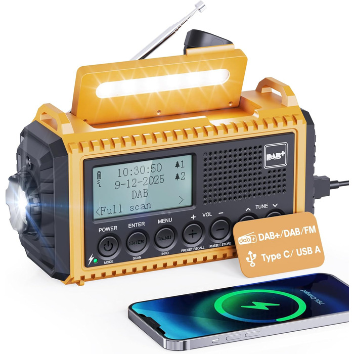 Радіоприймач Kurbelradio з DAB+/DAB/UKW, акумулятор 5000mAh, ліхтарик, аварійне радіо, USB-зарядка, FM, динамо, SOS-сигнал, для туризму та відпочинку на природі (жовтий)