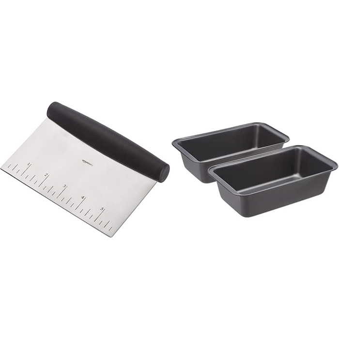 Amazon Basics - Loaf Pan, Non-Stick, Carbon Steel, 20.3 cm x 10 cm, 2-Pack & Multi-Purpose Kitchen Knife/Scraper, Stainless Steel