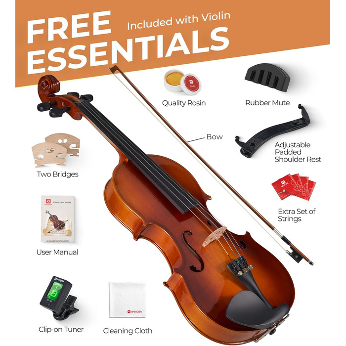 Скрипка Vangoa 4/4: Повнорозмірний комплект для початківців з масивного дерева, червоний, для правшів