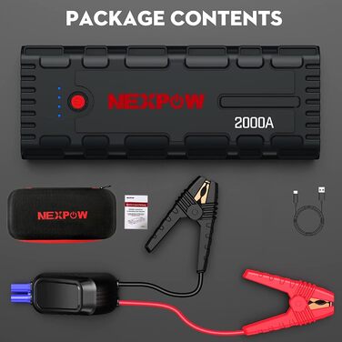 Powerbank NEXPOW Starthilfe: портативний пусковий пристрій для автомобіля 2000A, 12V, USB-швидка зарядка 3.0 (до 7.0L бензин/6.5L дизель), LED-ліхтар, чорний
