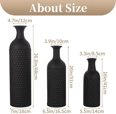 Vintage Black Tall Floor Vase Set of 3 - 68/51/41cm Metal Honeycomb Texture Matte Decorative Vase for Living Room, Dining Room, Bedroom, Office & Home Décor