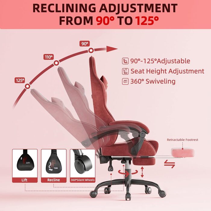 Геймерське крісло Ferghana Ergonomisch LW210: Червоне, з регульованою подушкою для голови та попереку, підлокітниками та підставкою для ніг