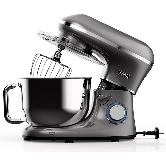 Fentic 2000W Stand Mixer - Stainless Steel Bowl (6.2L) - Kitchen Machine with Dough Hook, Beater, Whisk & Splash Guard - Includes Accessories - Anthracite