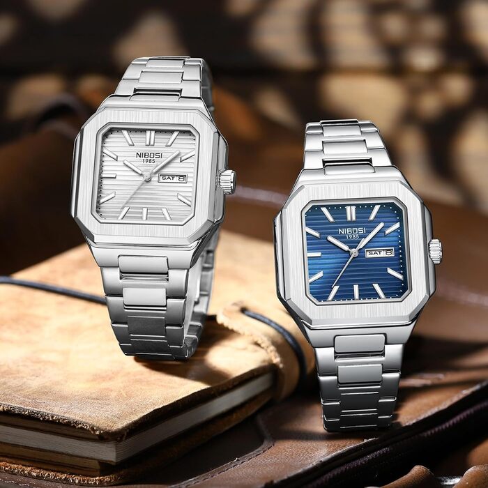 Годинник чоловічий NIBOSI: кварцовий годинник з нержавіючої сталі, мілітарний стиль, квадратний корпус, водостійкий, білий циферблат, для бізнесу та повсякденного носіння