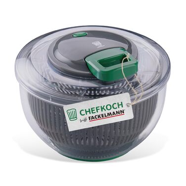 Салатниця-центрифуга Fackelmann Chefkoch з мотузковим приводом та стоп-кнопкою – для миття, сушіння та подачі салату. Зручний мотузковий привід та знімне сито