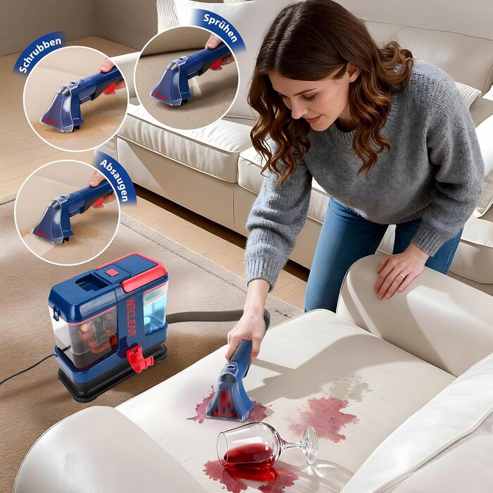 WECLEAN Миючий пилосос для килимів та м'яких меблів, портативний волого- та сухого прибирання 350W, 2-баковий, для авто, дивана, плям, чорний/рожевий (синій/червоний)